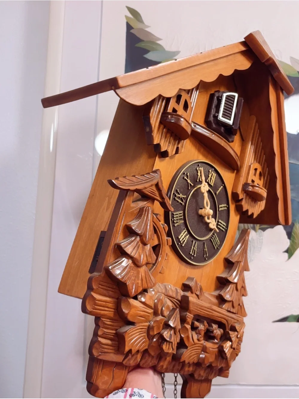 Hand-Carved Wooden Cuckoo Clock - Brown